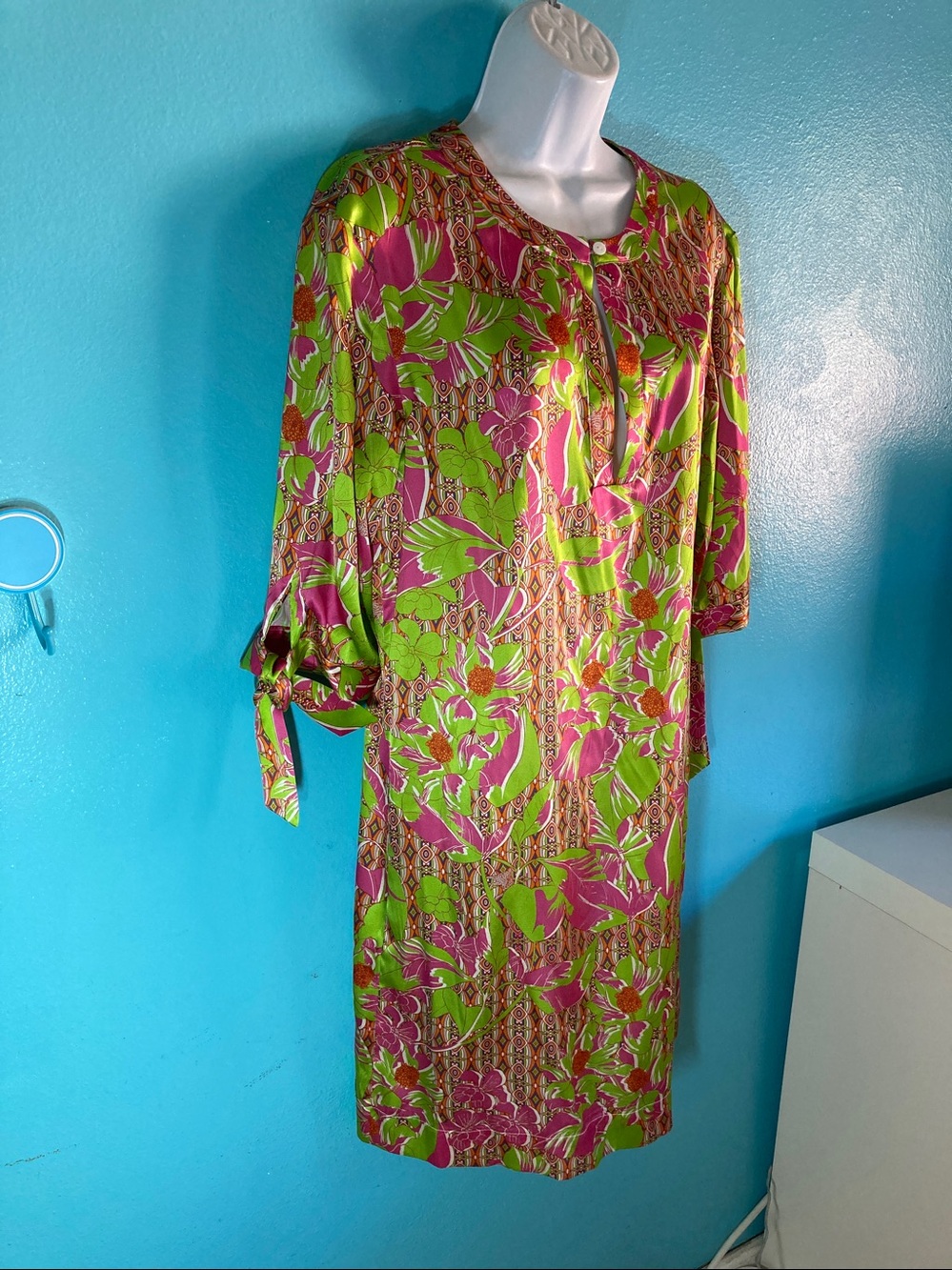 Joyce & Girls Swiss Silk Stretch Floral Tunic Dress Hidden Leopard Size Small